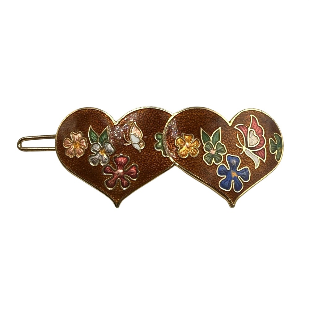 Vintage Cloisonne Enamel Double Heart Hair Clip Brown Floral Butterfly Barrette